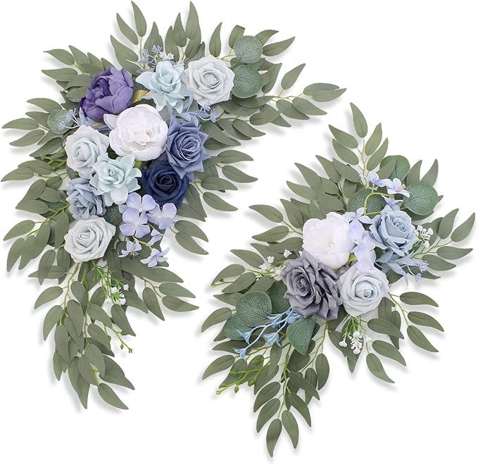 Wedding Welcome Signs Floral(Pack of 2)，Wedding Arch Flowers for Wedding Decorations and Reception Backdrop Decoration（New Blue）