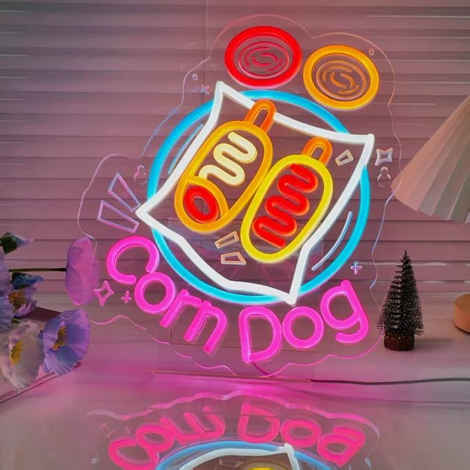 Corn Dog Neon Sign, Neon Lights Hanging Wall Art Decoration for Snack Bar Fast Food Truck Restaurant Party Kitchen Home Decor,USB Powered,Ultra Bright & Dimmable,14.17×12.2Inches