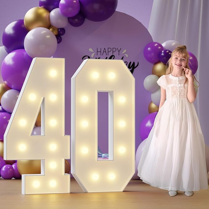 Marquee Numbers 40th-Birthday Large Decorations: 4ft Light Up Numbers 40 Birthday Sign for Boy Girl Fourty Year Old Anniversary Mosaic Party Decor Backdrop Big Foam Board Number 40