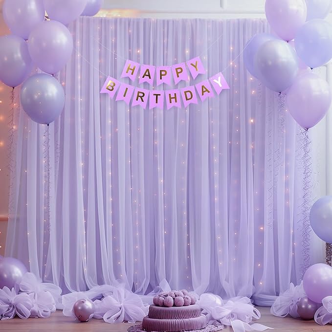 30x10ft Purple Tulle Backdrop Curtain with Lights String for Parites, Sheer Photo Backdrop Curtains with Lights for Wedding Backdrop Ceremony Reception Bridal Shower Baby Shower Birthday Party