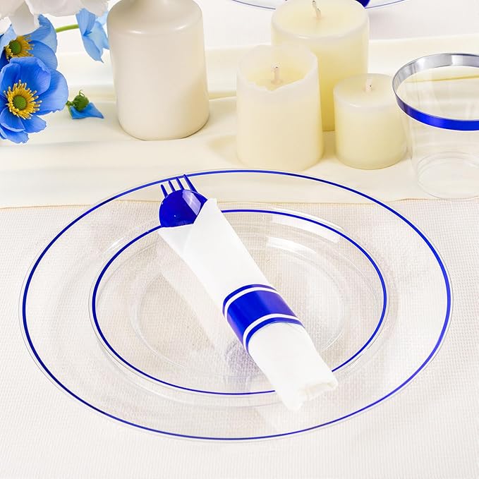 SUT 350 Pcs Blue and Clear Plastic Dinnerware Set for 50 Guests, Include: 50 Dinner Plates, 50 Dessert Plates, 50 Pre Rolled Napkins With Silverware, 50 Cups, Disposable Plates for Party, Wedding