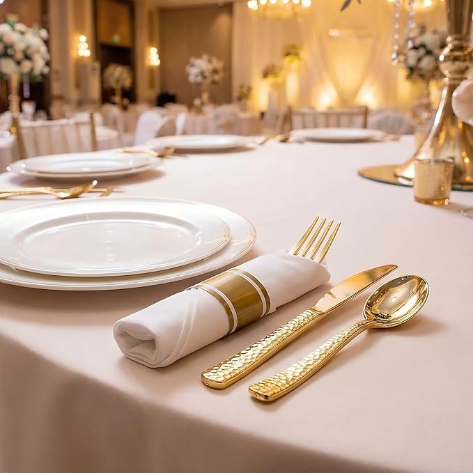 WELLIFE 75 Pack Gold Plastic Cutlery,Pre Rolled Silverware Set Disposable,Gold Disposable Utensils,Includes: 75 Forks, 75 Knives, 75 Spoons, 75 Napkins, Plastic Silverware