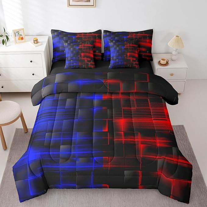 Feelyou Red and Blue Comforter Set with Sheets 7 Piece Twin Size Geometric Bed in a Bag Strip Lines Bedding Set Abstract Art Bed Set with Comforter, Sheets,Pillowcases,Cushion Covers