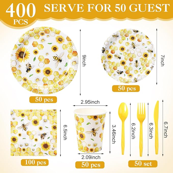Pickmesh 400 Pcs Bee Sunflower Birthday Party Supplies Include Spring Summer Bee Disposable Paper Plates Napkins Cups Cutlery for Honey Bumble Birthday Baby Shower Party Supplies Serve 50