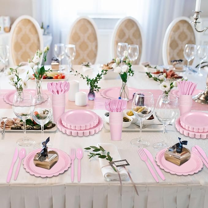 350 Pcs Pink Paper Plates and Napkins, Light Pink Party Supplies Include Valentines Plates Napkins Cups Plastic Spoons Forks Knives for Valentines day, Baby Bridal Shower, Wedding, Birthday