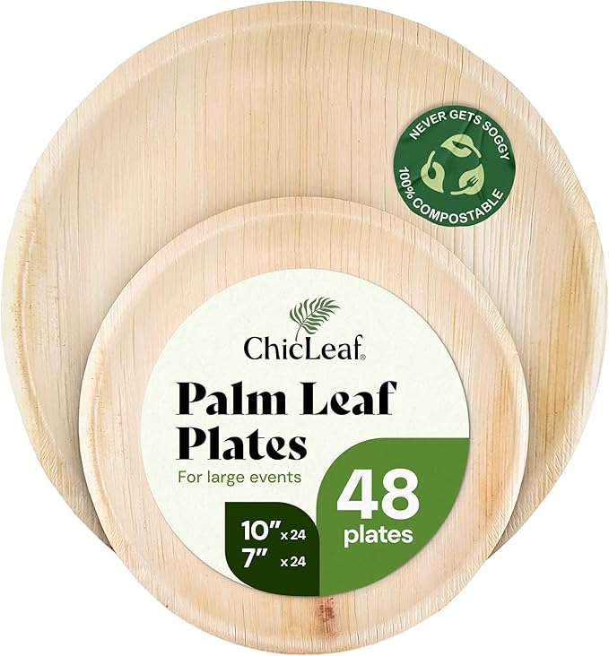 Chic Leaf Round Palm Leaf Plates - 10-Inch & 7-Inch, Pack of 48 - Compostable Disposable Bamboo Plates for Parties, Winter Cozy Dinner, Wedding & Valentines'day Romantic Candlelit Home Dining
