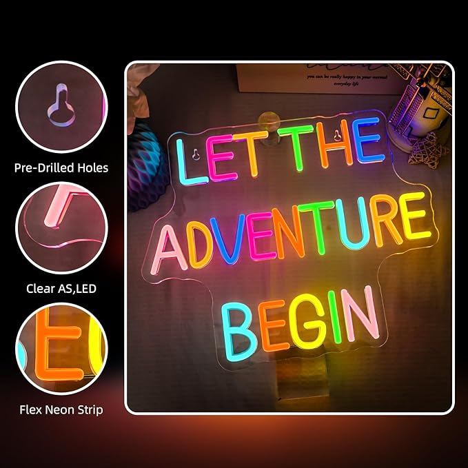 Adventure Neon Sign Colorful RainboW Neon Signs for Wall Decor Dimmable Let's Party Led Sign, Funny Neon Lights for Bedroom Home Club Bar Wedding Engagement Birthday Party Decor