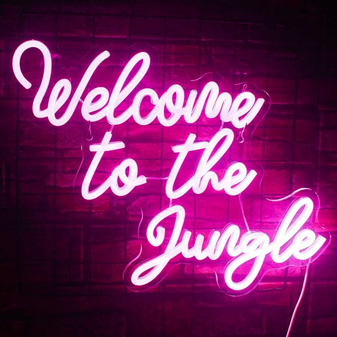 Welcome to the Jungle Neon Sign Pink Led Word Neon Light Signs for Wall Decor Usb Letter Light Up Sign for Bedroom Nursery Kids Room Garden Home Wedding Birthday Party Decorations Gifts