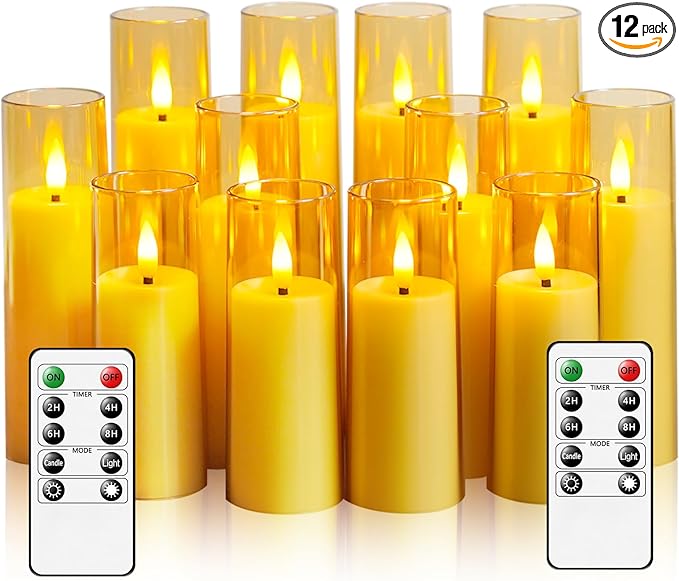 Small Flickering Flameless Candles, Battery Operated Acrylic LED Pillar Candles with Remote Control and Timer, Pack of 12,(D1.6 xH 4" 5" 6") for Holiday Decorations Home Decorations (Gold)