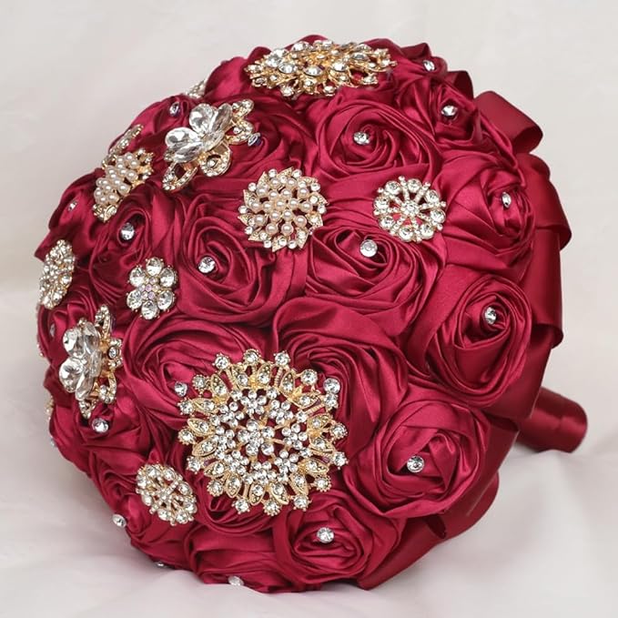 Dark Red Handmade Wedding Bridal Bouquet with Luxury Gold Rhinestone Brooch Satin Rose Flower Bouquet for Bride Bridesmaid Quinceanera Wedding Bouquet Dark Red 7.5in