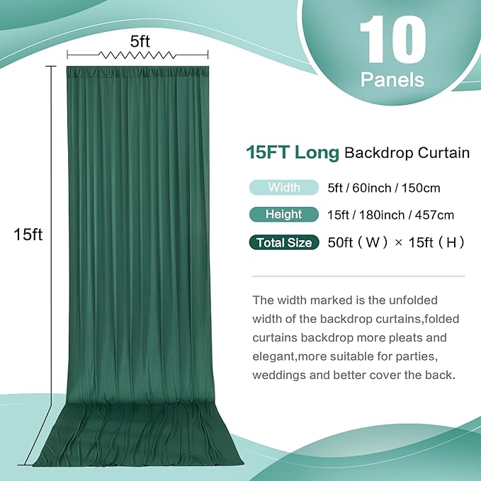 50ft x 15ft Hunter Green Wrinkle Free Backdrop Curtains for Parties,Silky Polyester Fabric Wedding Ceiling Drapes,10 Panels 15ft Photo Back Drop Drapes for Birthday Photography Stage Background Cloth