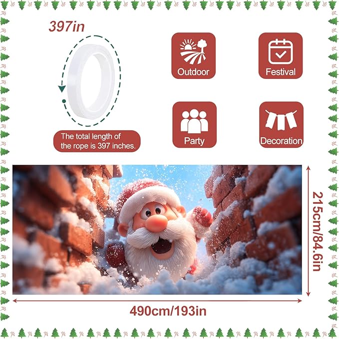 Santa Claus Christmas Garage Door Banner 7x16FT, Holiday Decoration for Garage Doors, Outdoor Xmas Scene with Santa and Snowfall, Large Garage Cover for Christmas
