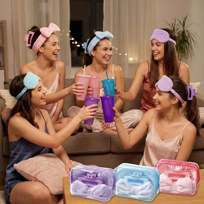 30 Pcs Spa Party Favors for Women Sleepover Party Supplies 6 Bow Headband 6 Eye Mask 6 Hair Clip 6 Cosmetic Bag 6 Glitter Plastic Cup for Adult Spa Birthday Bachelorette Gift(Multicolor)