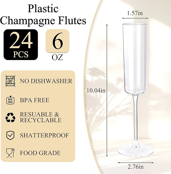 Ciaell 24 Pack Plastic Champagne Flutes - Clear 6 Oz Disposable Champagne Glasses - Square Plastic Toasting Glasses for Party Birthday Anniversary Wedding