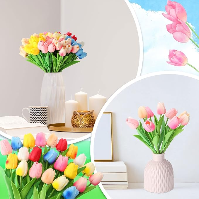 Jexine 100 Pcs Artificial Real Touch Tulips Fake Artificial Tulip Flower Bulk Bouquet with Stem for Table Centerpieces Wedding Bridal Easter Mother's Day Garden Home Decor, 13.4''(Multicolor)