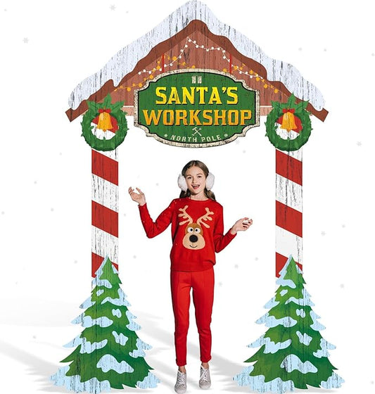 Teling 43.3 x 37.4 Inch Christmas Santa's Workshop Backdrop Decoration Large Christmas Photo Booth Props Photography Background Xmas Family Holiday Party Decoration
