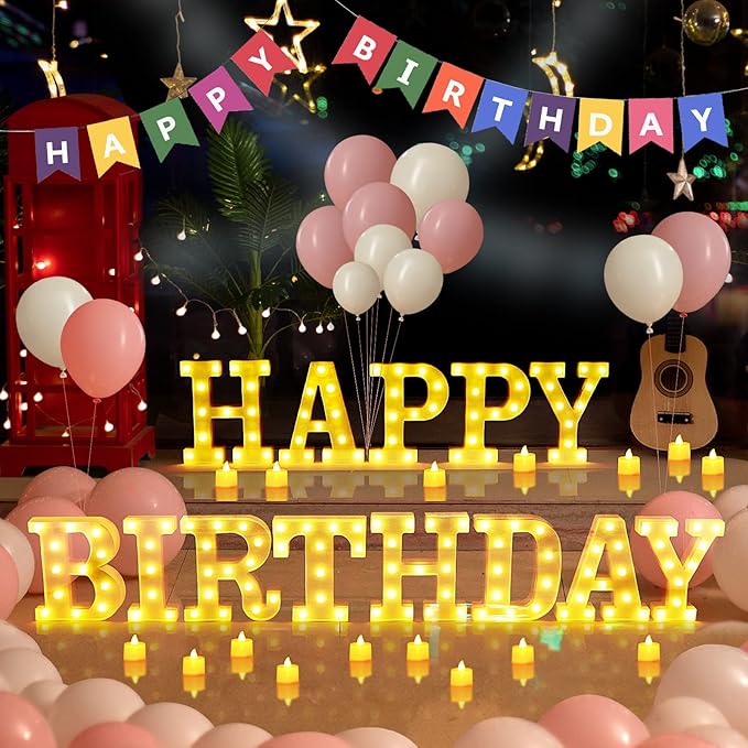 138pcs Happy Birthday Marquee Light Up Letters- LED Letter Number Light Sign with Round Light Balloons Decoration for Birthday Home Table Decor White
