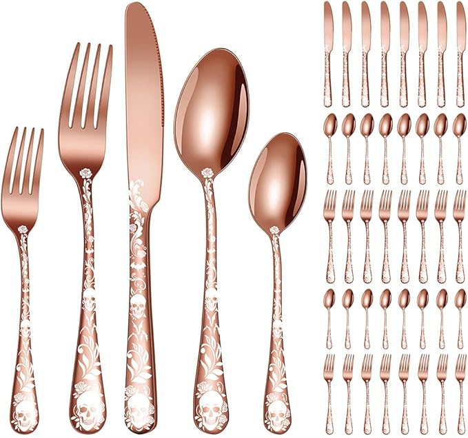 XIAOYU 40 Piece Halloween Skeleton Silverware Set, Tableware Cutlery Set Service for 8, Forks Knives Spoons Sets with Gothic Skull Flower Pattern, Stainless Steel Flatware Set Utensils for Kitchens
