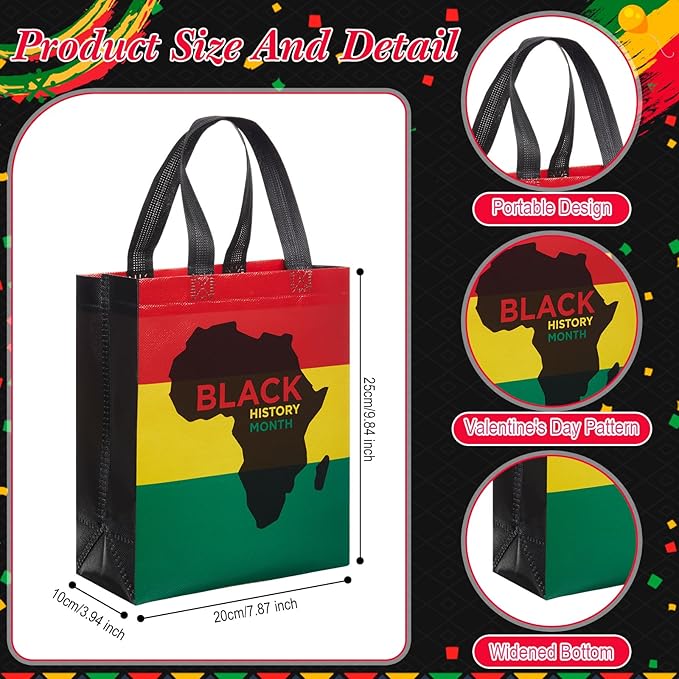 Wesnoy 48 Pcs Black History Month Gift Bags: Reusable Non-Woven Goodie Bags Bulk with Handles - 9.84 x 7.87 Inch Treat Totes for Black History Celebration African BHM MLK Party Decor Supplies