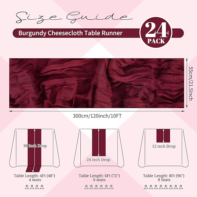 24 Pack Burgundy Cheesecloth Table Runner 120 inch Fall Thanksgiving Boho Rustic Gauze Farmhouse 10FT Cheese Cloth Runner for Baby Shower Wedding Party Holiday Home Decor