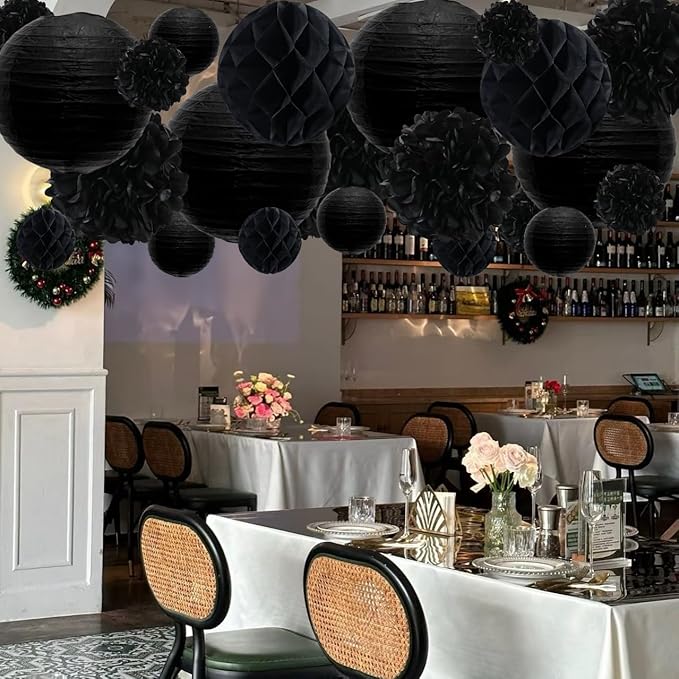 WOLHOWLTD Black Paper Decoration Set - 34 Pcs Paper Lanterns, Pompoms, Honeycomb for Wedding,Harvest, Halloween,School Day,Bridal Shower, Scary Birthday Party Classroom,Home Decoration (Black)