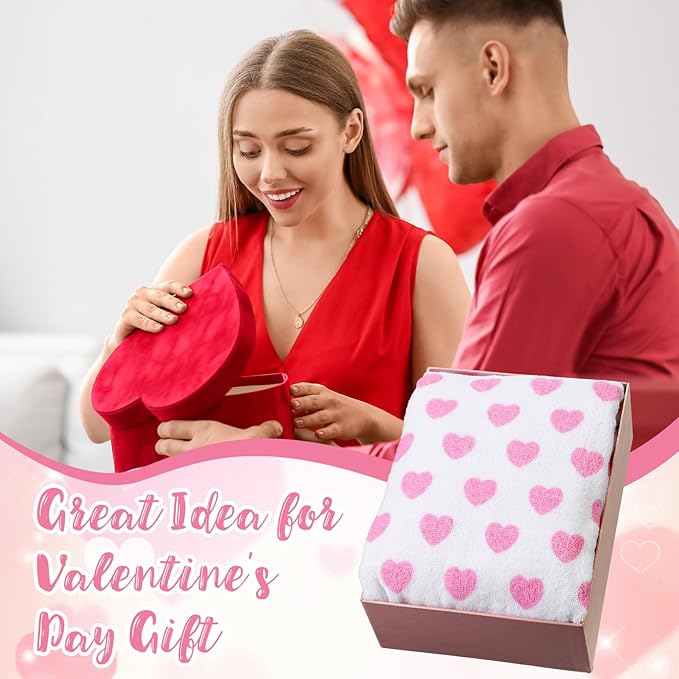 2 Pcs Valentine Hearts Cotton Bath Towels Gift Set 55 x 28 Inch Galentine Decoration Red Pink Hearts Soft Cotton Bath Towels for Valentine Gifts Home Travel Swim Bathroom Shower Supplies(Pink)