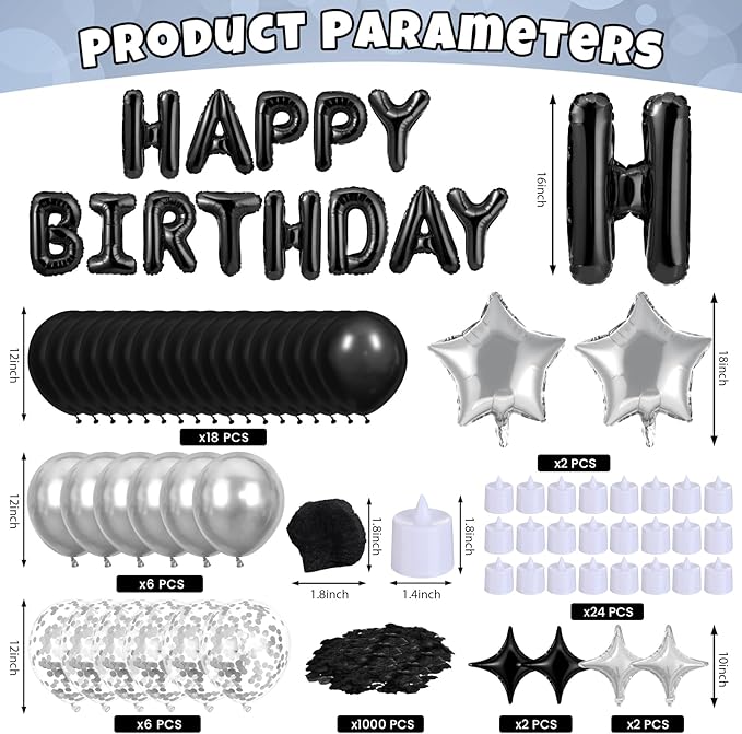 Black Happy Birthday Balloons Decorations Silver and Black Birthday Balloon Letters Banner with 6 Pcs Star Balloons Black Artificial Rose Petals 24 Flameless LED Candles for Room Birthday Party Decor