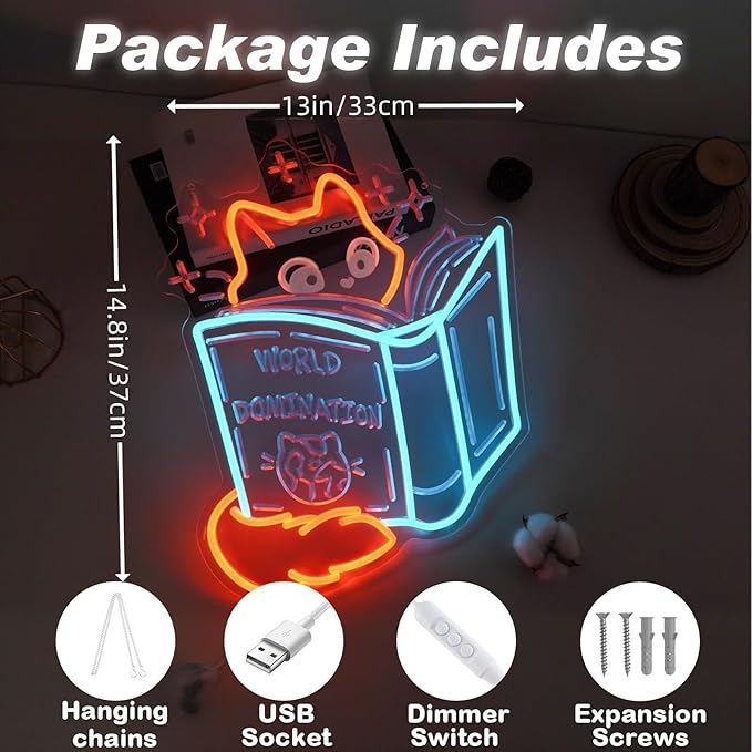 Books and Cat Neon Sign, Fox Reading Sign 3D Carving Led Light, Funny Cat Read Book Decoration, Library Wall Art, Book Store Decor, Gift For Kid, 14.6"x13"