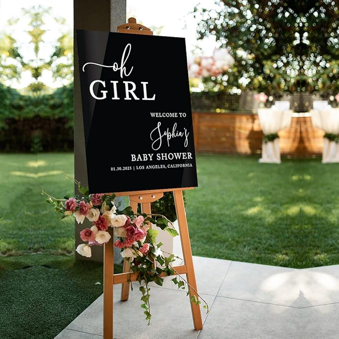 Andaz Press 16"x20" Black Acrylic Personalized Baby Shower Welcome Sign, Gender Neutral Large Custom Sign for Easel Stand, Oh Girl Baby Shower Decorations