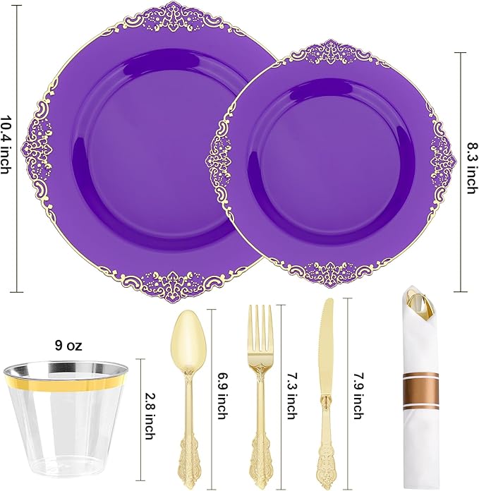 350 PCS Purple and Gold Plastic Plates, Plastic Dinnerware Set for 50 Guests, 100 Disposable Plates, 150 Silverwares, 50 Cups, 50 Napkins for Party, Wedding, Graduation