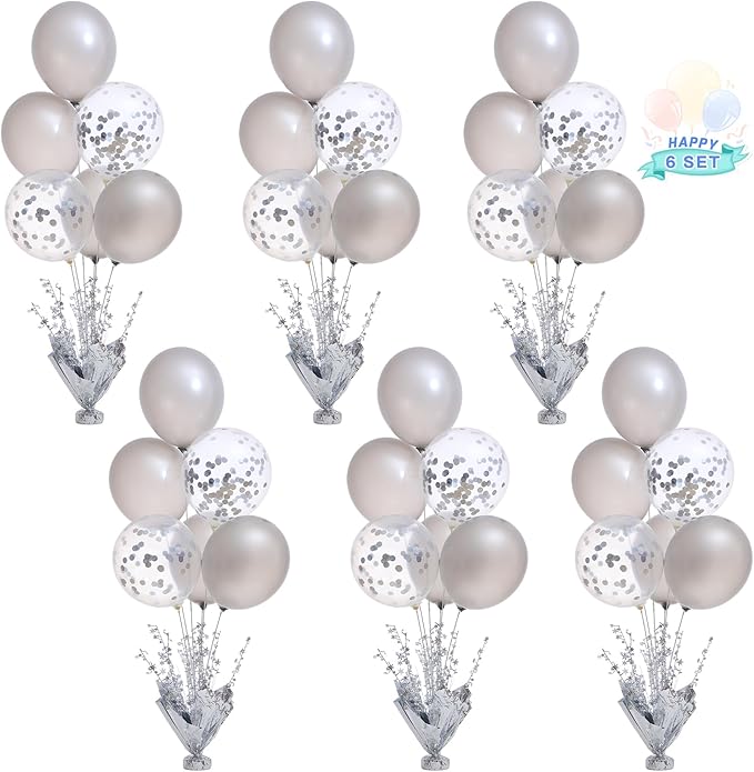 6 Set Silver Table Balloons Centerpiece Stand Kit with Silver and Confetti Balloons for Graduation Birthday Party Baby Shower Wedding Bridal Shower Prom Table Decorations