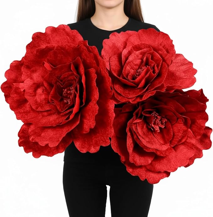 Norme 3 Pcs Valentine Giant Red Velvet Rose 12, 16, 20 Inch Large Rose Petals Big Paper Flowers Giant Flower for Decorations Large Red Flowers for Valentine, Wedding, Home Decor, Anniversary Birthday