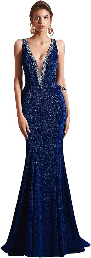 Women's Double V-Neck Sequins Lace-up Mermaid Evening Dress