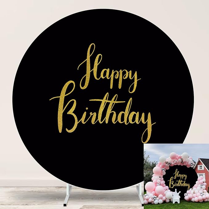 6.5ftx6.5ft Gold Happy Birthday Sign Round Backdrop Cover,Black Round Backdrop Cover Happy Birthday Party Decoration Black Circle Background Stand Cover with 4Clips Baby Shower