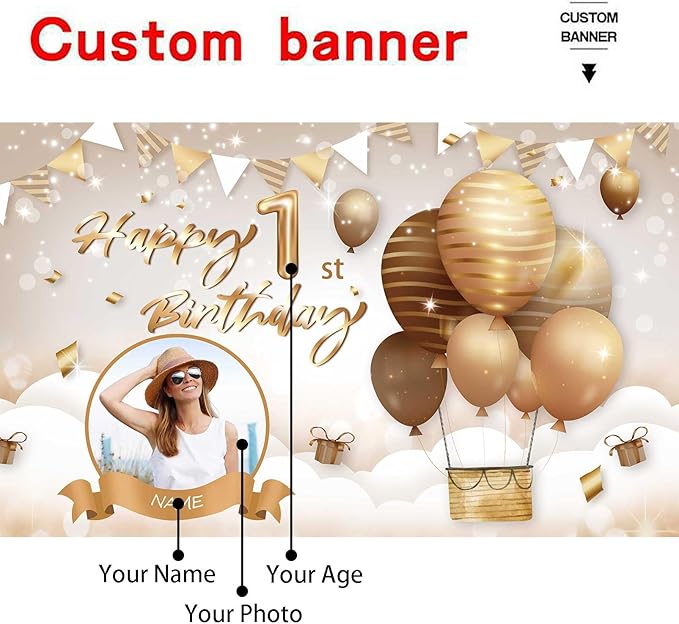 Custom Beige Happy Birthday Banner Backdrop Large Happy Birthday Hot Air Balloon Backgroud Party Indoor Outdoor Car Decoration Supplies for Girl Women (5x7.5ft)