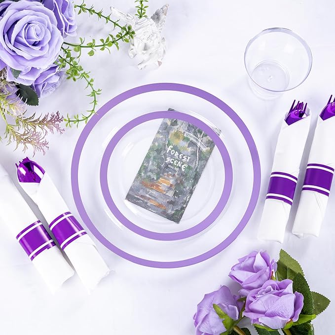 I00000 350 Pcs Clear Purple Plates for 50 Guests, Purple Dinnerware Include 100 Plates, 50 Cups, 50 Pre Rolled Napkins with Cutlery Set for Party and Wedding