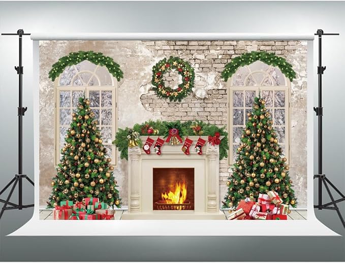 YongFoto Christmas Fireplace Backdrop 8x6.5ft Room Christmas Trees Red Socks Vintage Wall Photography Background New Year Xmas Eve Family Winter Holiday Party Banner Photoshoot Wallpaper Photo Booth