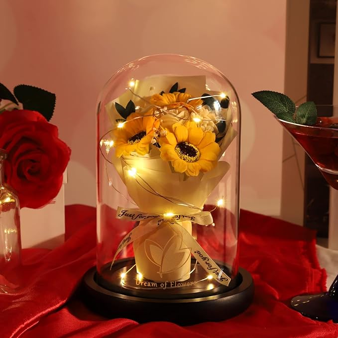 Valentines Day Gifts for Her,Flower Rose in Glass Dome with 2 Lighting Mode,Sunflower Gifts for Mom,Artificial Forever Flowers Xmas Birthday Gifts for Women Mom Wife Girlfriend Sister Friend