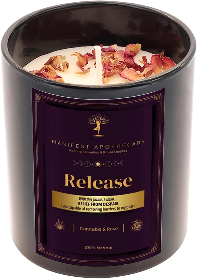 Release Aromatherapy Candle – Cannabis & Rose Scent with Amethyst Crystals – Hand-Poured Soy Candle for Stress Relief, Relaxation & Mindfulness by Manifest Apothecary-Purple (Release)