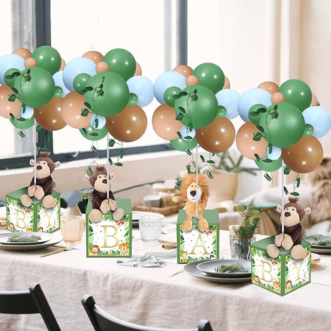 Lenwen 6 Sets Baby Letter Boxes Decorations Table Centerpieces for Baby Shower Gender Reveal,Bear Stuffed Animals Balloon with Stand Plush Toy Boxes for Birthday Party Wedding(Animals,Forest)