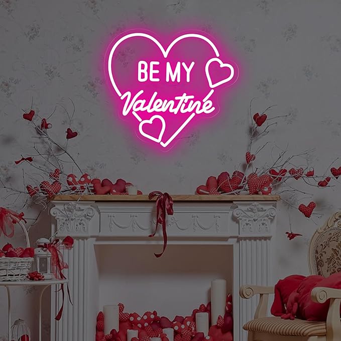 Be My Valentine Heart Neon Sign, Hot Pink Romantic Heart LED Light for Valentine's Day Gift, Bedroom, Living Room, Lover Decor, Anniversary, Couple Space Wall Art 13.8″ × 12.6″