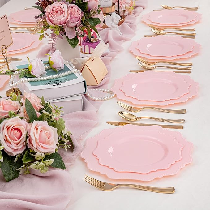 COLOSUS 100 pcs Pink Plastic Plates Set, Nice Disposable Plates,Pink Disposable plates Set for 50 Guest include 50 Dinner Plate 10.5 &50Dessert plates 8.25 for Party,Wedding, Birthday, Valentine's Day
