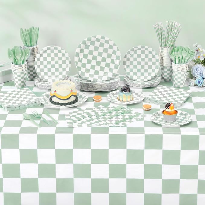 452 Pcs Sage Green Gingham Party Supplies for 50, Light Green and White Checkered Gingham Paper Plates Napkins Cups Tablecloth Cutlery Straw for Picnic Birthday Baby Shower Decoration