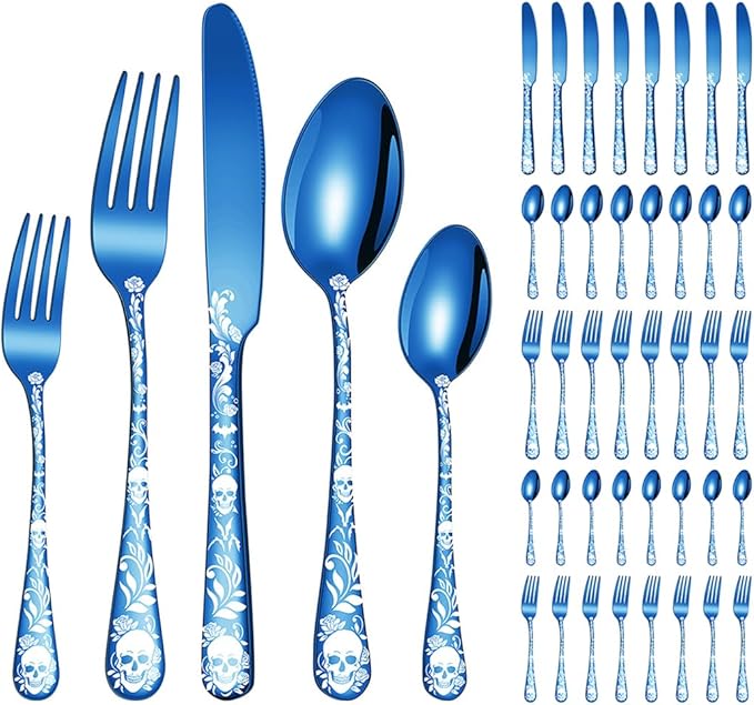 XIAOYU 40 Piece Halloween Skeleton Silverware Set, Tableware Cutlery Set Service for 8, Forks Knives Spoons Sets with Gothic Skull Flower Pattern, Stainless Steel Flatware Set Utensils for Kitchens