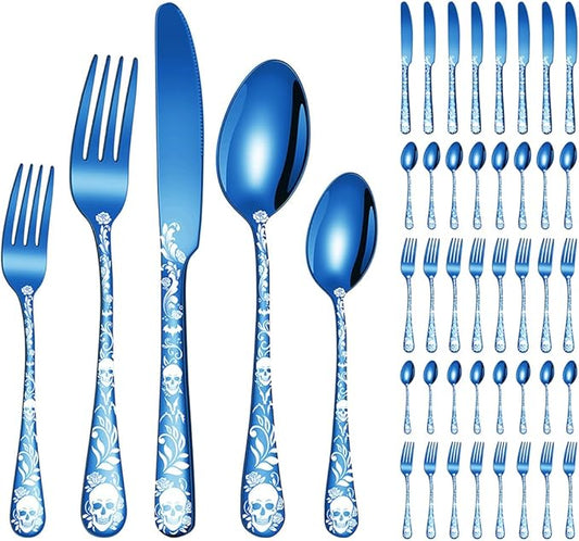 XIAOYU 40 Piece Halloween Skeleton Silverware Set, Tableware Cutlery Set Service for 8, Forks Knives Spoons Sets with Gothic Skull Flower Pattern, Stainless Steel Flatware Set Utensils for Kitchens