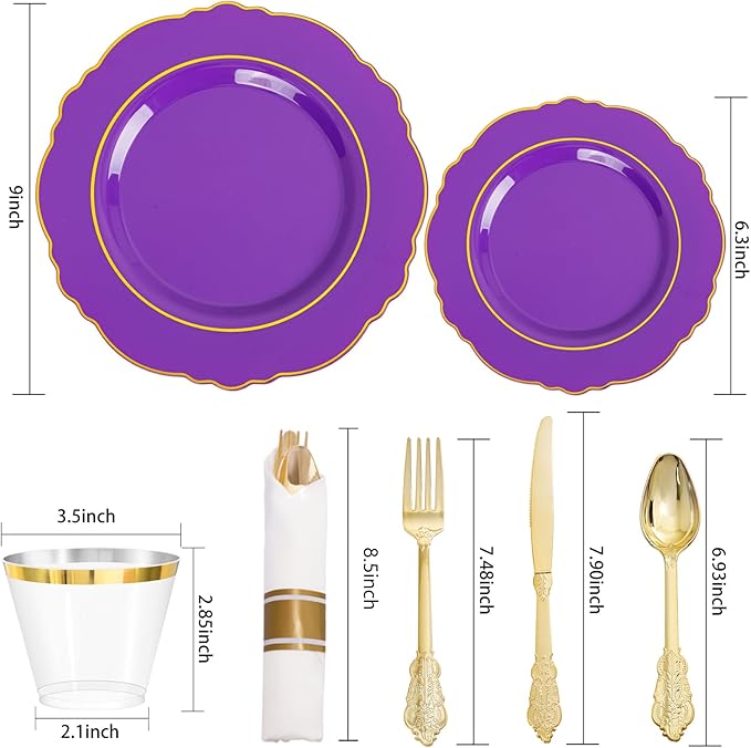 Liacere 175PCS Purple Plastic Plates-Disposable Purple and Gold - 25 guest Baroque Plastic Dinnerware include 50Plates,25Pack Pre Rolled Napkins with Silverware 25Cups for Wedding