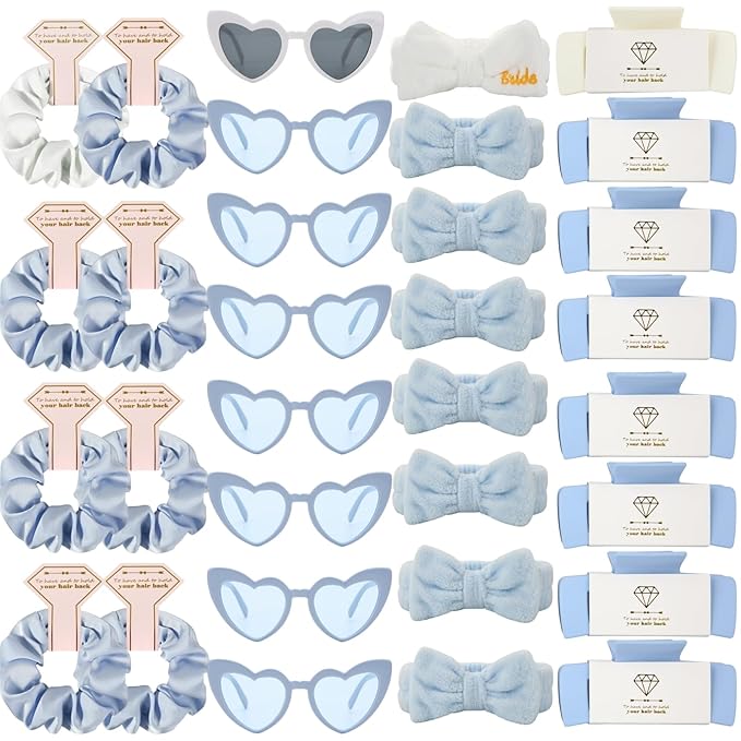 Bridesmaid Scrunchies Proposal Hair claws clips Set of 12 Bridal Shower heart sunglasses Gifts for Wedding Bachelorette Party Favors (32pcs White&Dusty Blue)