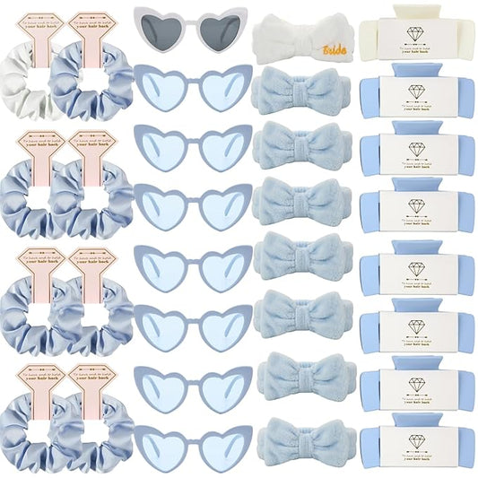 Bridesmaid Scrunchies Proposal Hair claws clips Set of 12 Bridal Shower heart sunglasses Gifts for Wedding Bachelorette Party Favors (32pcs White&Dusty Blue)