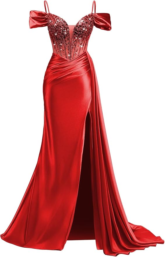 Rjer Off The Shoulder Satin Prom Dresses Long with Slit Tail 2026 Sequin Beaded Pleated Evening Ball Gown for Women Formal