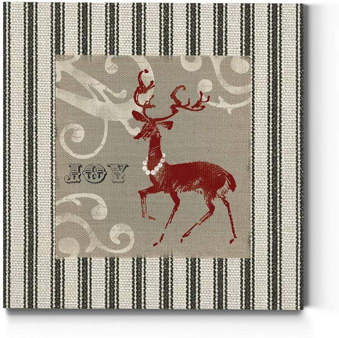 Renditions Gallery Joy Reindeer Wall Art, Cute Christmas & Winter Decor, White & Red with Striped Fabric Look, Premium Gallery Wrapped Canvas, Ready to Hang, 16 in H x 16 in W, Made in America